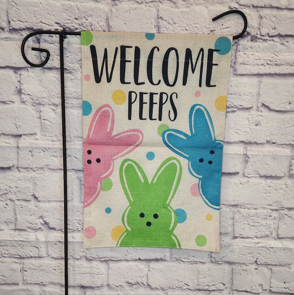 Easter Garden Flag, Welcome Peeps, Three Peeps, Pink/Green/Blue, NEW